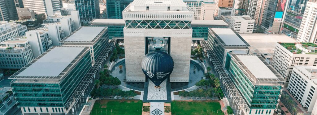 View of DIFC, Dubai's leading financial district, featuring modern architecture, luxury offices, and vibrant dining and art spaces.