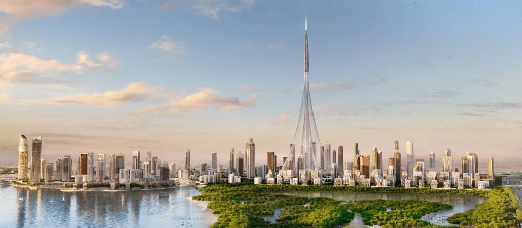 Stunning view of Dubai Creek Harbour with modern architecture and luxury real estate along the waterfront.