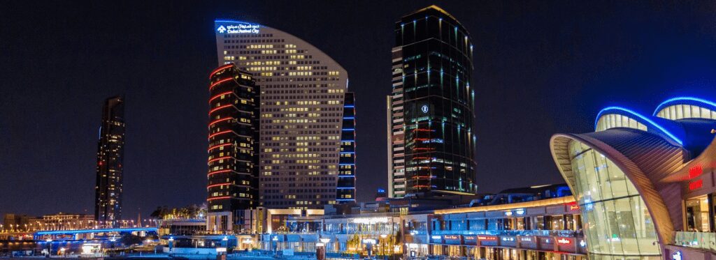 "View of Dubai Festival City showcasing luxury living, shopping, dining, and entertainment by the Dubai Creek."