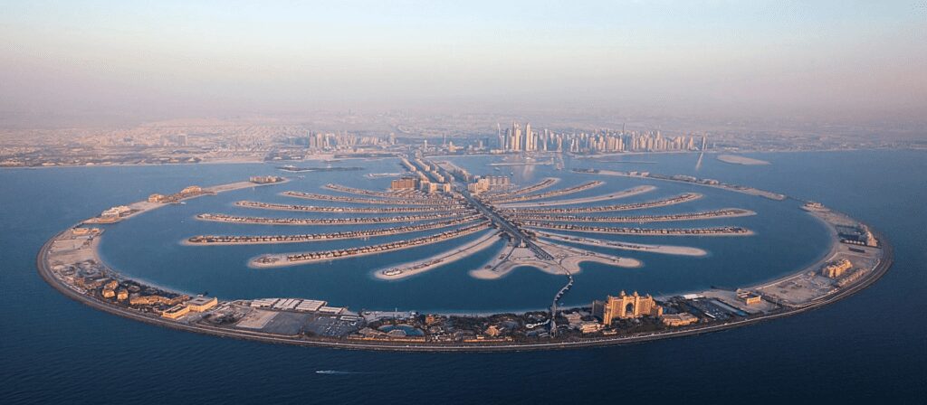 Stunning view of Palm Jumeirah, Dubai's iconic man-made island with luxury villas, beaches, and world-class amenities.